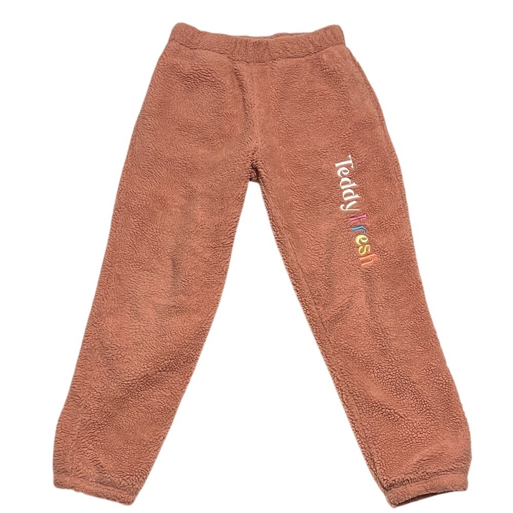 Teddy Fresh Sherpa Fleece Joggers Women Size S Terracotta Pink Logo‎ Sweatpants